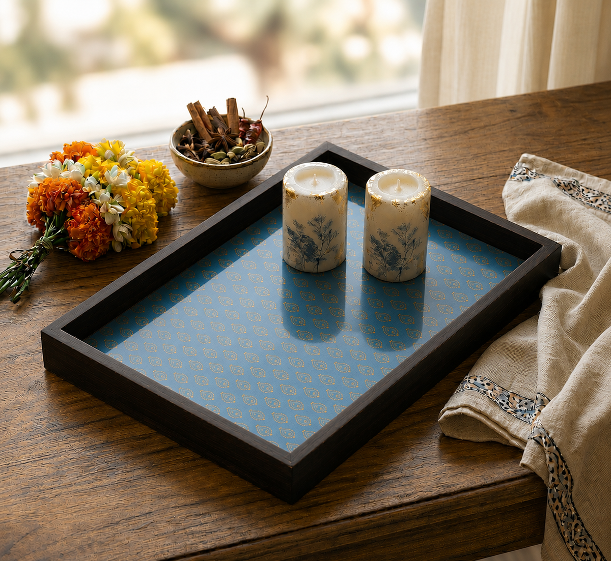 Handcrafted Wooden Decorative Tray for Home Decor- Blue