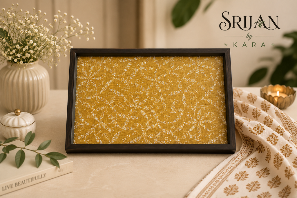 Mustard Yellow Chikankari Handcrafted Wooden Tray