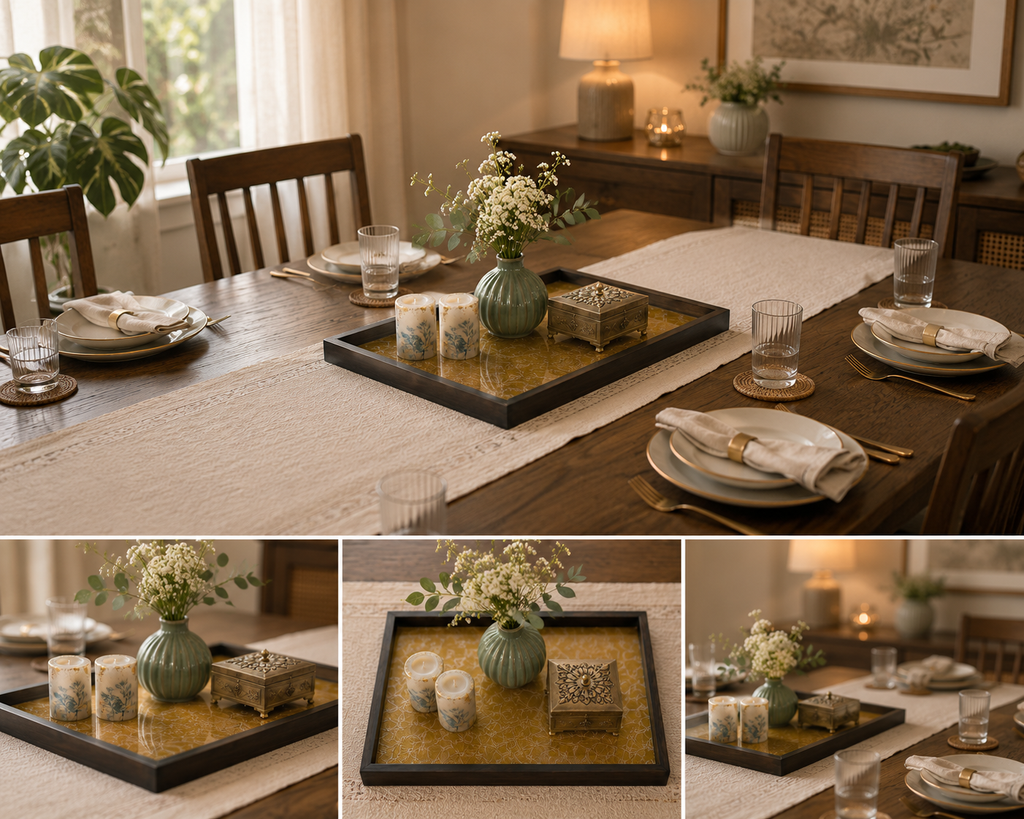 Mustard Yellow Chikankari Handcrafted Wooden Tray