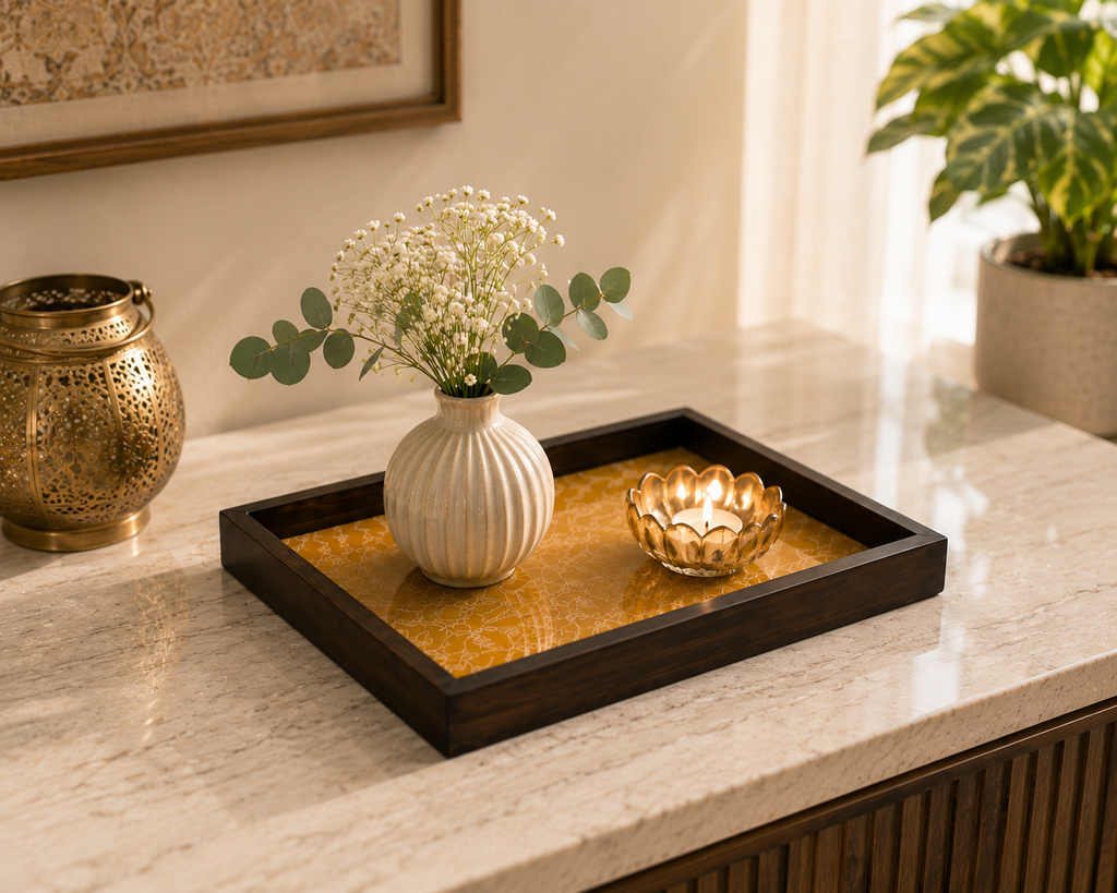 Mustard Yellow Chikankari Handcrafted Wooden Tray