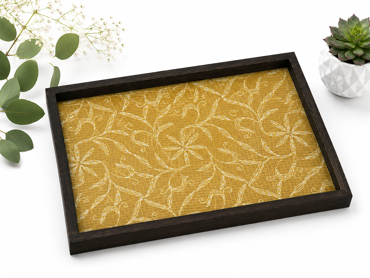 Mustard Yellow Chikankari Handcrafted Wooden Tray