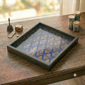 The Royal Indigo Square Decorative Tray – Handcrafted Wooden Frame with Brocade Fabric & Protective Glass Top