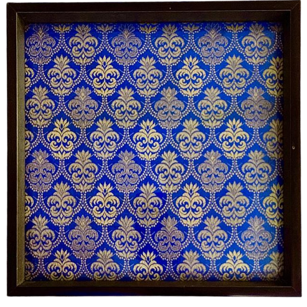 The Royal Indigo Square Decorative Tray – Handcrafted Wooden Frame with Brocade Fabric & Protective Glass Top