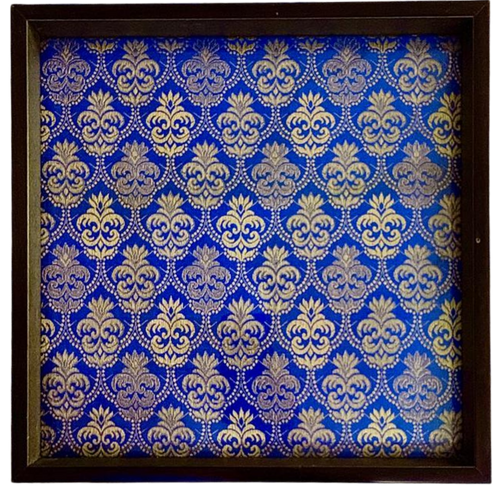 The Royal Indigo Square Decorative Tray – Handcrafted Wooden Frame with Brocade Fabric & Protective Glass Top